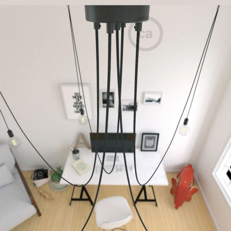 Spider - Suspension with 5 pendants Made in Italy complete with bulbs, fabric cable, and metal finishes